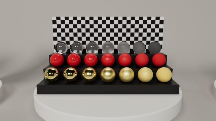 A series of red, gold, and transparent spheres are placed in rows on a black platform with a checkered pattern backdrop.