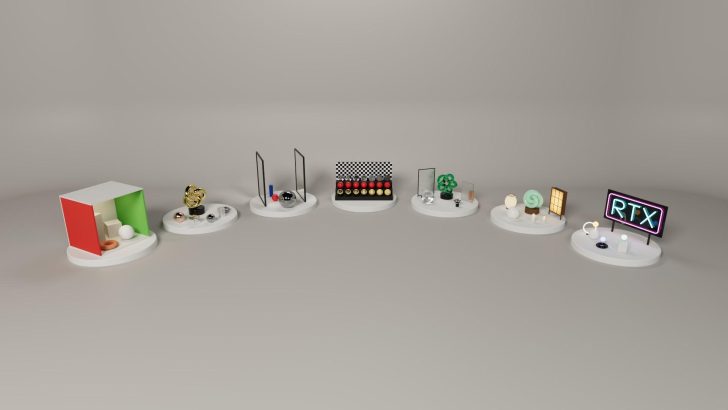 A series of themed displays showcasing various geometric shapes and objects, with a prominent neon sign labeled 'RTX' on the rightmost platform.