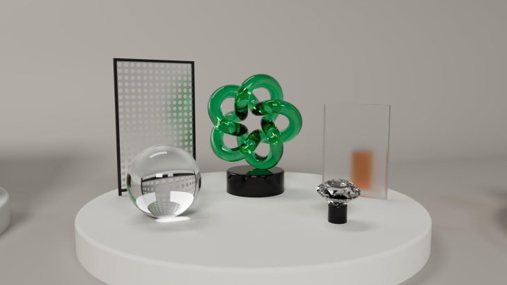 A 3D-rendered scene featuring a glass orb, a green geometric sculpture, and transparent panels, all set on a circular white platform.